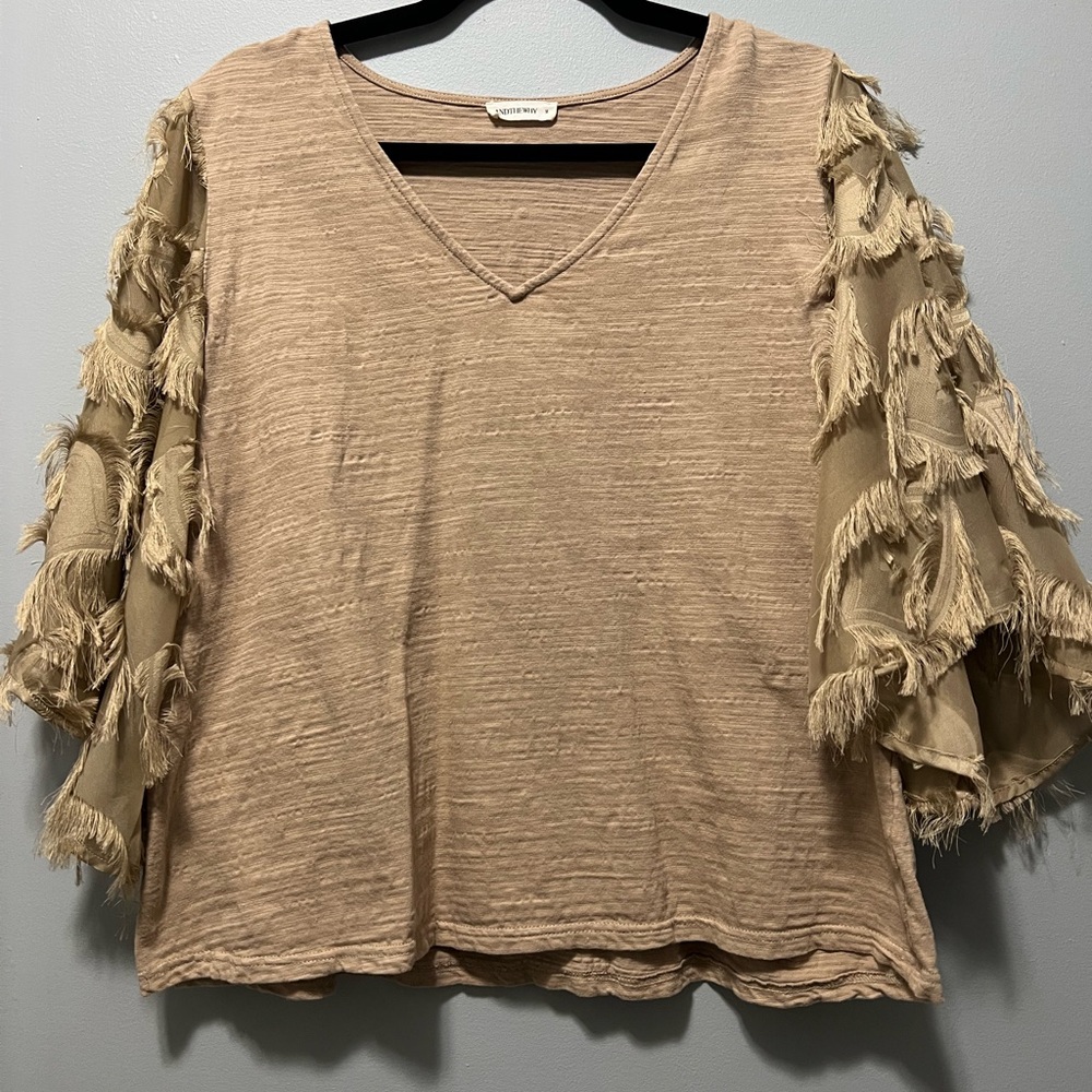 Chic Fringe Sleeve Blouse in Tan